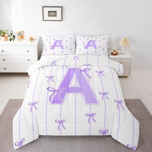 jejeloiu Kinder-Bettwäsche-Set mit niedlicher Schleife, violette Schleife, Initialen-Buchstabe A, Steppdecke für Kinder, Jungen, Mädchen, Schlafzimmer, Monogrammdekoration, Kawaii, Kokette, Schleifen jejeloiu Kinder-Bettwäsche-Set mit niedlicher Schleife, violette Schleife, Initialen-Buchstabe A, Steppdecke für Kinder, Jungen, Mädchen, Schlafzimmer, Monogrammdekoration, Kawaii, Kokette, Schleifen von jejeloiu