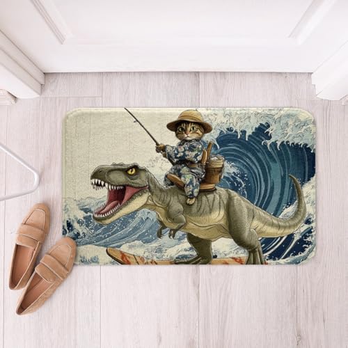 jejeloiu Lustiger Katzen-Badeteppich aus Polyester, niedliches Kätzchen, Dinosaurier, weicher Fleece-Türteppich für Kinder, Jungen, Mädchen, japanische Ozeanwelle, rutschfeste Badematte, rustikales jejeloiu Lustiger Katzen-Badeteppich aus Polyester, niedliches Kätzchen, Dinosaurier, weicher Fleece-Türteppich für Kinder, Jungen, Mädchen, japanische Ozeanwelle, rutschfeste Badematte, rustikales von jejeloiu