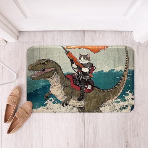 jejeloiu Lustiger Katzen-Badevorleger, Polyester, cooler Dinosaurier, weicher Fleece-Türteppich für Kinder, Jungen, Mädchen, japanische Ozeanwelle, rutschfeste Badematte, rustikaler von jejeloiu