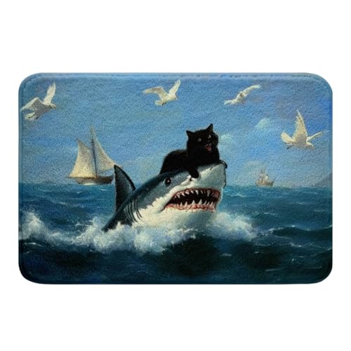 jejeloiu Lustiger schwarzer Katzen-Hai-Badezimmerteppich, 50,8 x 81,3 cm, Kinder-Badematten für Badezimmer, Jungen, Mädchen, Unterwasserwelt, Badteppiche für Dusche, Möwe, Badezimmer jejeloiu Lustiger schwarzer Katzen-Hai-Badezimmerteppich, 50,8 x 81,3 cm, Kinder-Badematten für Badezimmer, Jungen, Mädchen, Unterwasserwelt, Badteppiche für Dusche, Möwe, Badezimmer von jejeloiu