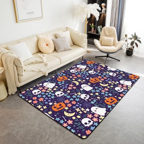 jejeloiu Niedlicher Halloween-Teppich, 7,6 x 12,7 cm, Geisterkürbis, Blumenmuster, Wohnzimmer-Teppich für Schlafzimmer, Boo Gruseldekoration, Teppich, Bodenmatte für den Innenbereich jejeloiu Niedlicher Halloween-Teppich, 7,6 x 12,7 cm, Geisterkürbis, Blumenmuster, Wohnzimmer-Teppich für Schlafzimmer, Boo Gruseldekoration, Teppich, Bodenmatte für den Innenbereich von jejeloiu