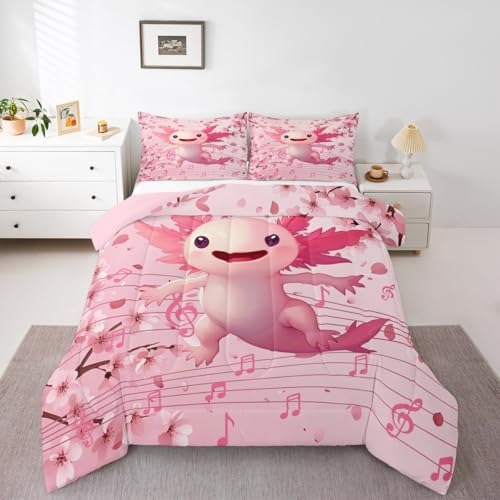 jejeloiu Niedliches Axolotl Bettdecken-Set für alle Jahreszeiten, Cartoon-Salamander-Bettwäsche-Set mit 1 Kissenbezug, Kawaii, Ozean, Meeresalifee, Mikrofaser, Doppelbett, Bettwäsche, Schlafzimmer von jejeloiu
