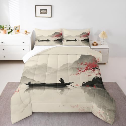 jejeloiu Red Cherry Blossoms Kinder-Bettwäsche-Set, Queen-Size-Größe, Boot, See, Berge, chinesische Tinte, Landschaftsmalerei, Bettdecke für Kinder, Jungen, Mädchen, Schlafzimmer, japanischer Stil jejeloiu Red Cherry Blossoms Kinder-Bettwäsche-Set, Queen-Size-Größe, Boot, See, Berge, chinesische Tinte, Landschaftsmalerei, Bettdecke für Kinder, Jungen, Mädchen, Schlafzimmer, japanischer Stil von jejeloiu