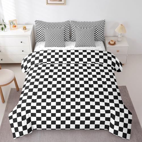 jejeloiu Schachbrett-Bettwäsche-Set, 7-teilig, Doppelbett, klassisches Karomuster, Set mit Bettlaken für Jungen und Mädchen, Schwarz und Weiß, Bett in einer Tasche, weich, leicht, Mikrofaser jejeloiu Schachbrett-Bettwäsche-Set, 7-teilig, Doppelbett, klassisches Karomuster, Set mit Bettlaken für Jungen und Mädchen, Schwarz und Weiß, Bett in einer Tasche, weich, leicht, Mikrofaser von jejeloiu