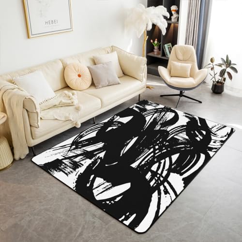 jejeloiu Schwarz-weißer Teppich, geometrische moderne Linie, Wohnzimmerteppich, abstrakt, neutrale Kunst, dekorativer Teppich, geometrische Dekoration, Innenbodenmatte jejeloiu Schwarz-weißer Teppich, geometrische moderne Linie, Wohnzimmerteppich, abstrakt, neutrale Kunst, dekorativer Teppich, geometrische Dekoration, Innenbodenmatte von jejeloiu