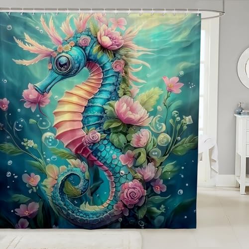 jejeloiu Seepferdchen-Badevorhang, 182,9 x 182,9 cm (L x B), florales Ozeanwesen-Thema, Duschvorhang für Kinder, Jungen, Mädchen, Meeresleben, Dekor, Badezimmer-Duschvorhang-Set von jejeloiu