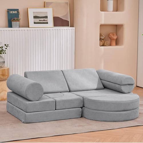 jela Kindercouch，14-Teilige Kids Kindersofa Spielsofa für Kinder, Modulares Kinder Sofa aus Schaumstoff, Kuschelecke im Kinderzimmer,zum Spielen,Kreativsein,Schlafen (Mondlicht Grau) von jela