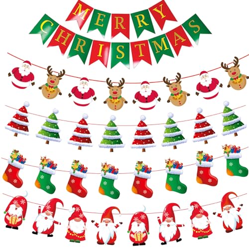 5Pcs Weihnachten Banner Girlande Merry Christmas Girlande Papier Girlande Banner Weihnachtsgirlande Santa Elch Weihnachtsbaum Banner Hängend Deko für Weihnachtsdeko Party deko von jenich