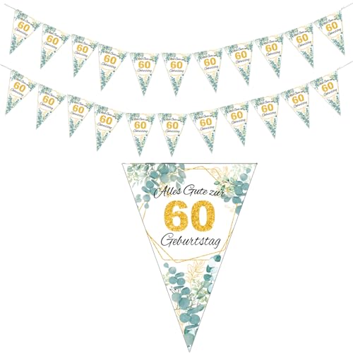 60. Geburtstag Girlande Banner Grün Gold - Wimpelkette 60 Jahre - Happy Birthday Deko zum Aufhängen für Frauen und Mann von jenich