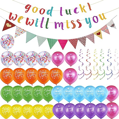 Abschieds Party Deko Wir Werden Dich Vermissen Deko We Will Miss You Banner Good Luck Banner Glitzer Bunt Dreieck Flagge Wimpelkette mehrfarbig für Absolvent Ruhestandsfeier Abschlussfeier Rente Party von jenich