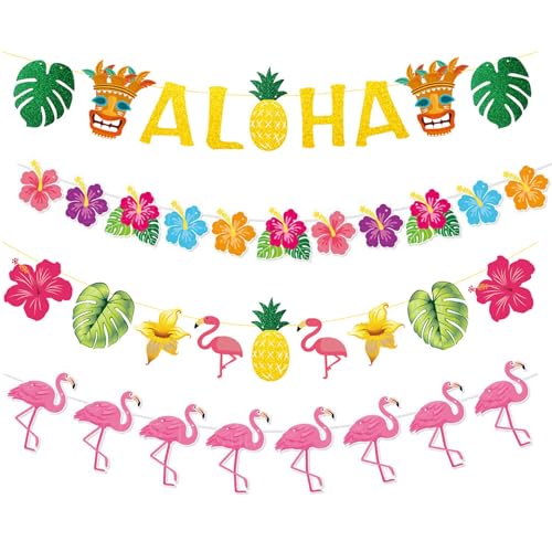 4Pcs Hawaii Girlande Banner Aloha Party Banner Aloha Girlande Papier Hawaii Party Deko Aloha Tiki Sommerparty Tropische Luau Party Deko für Sommer Geburtstag Urlaub Strand Mottoparty von jenich