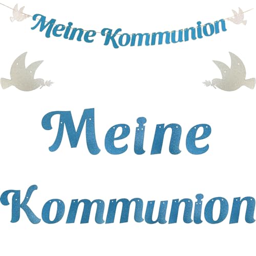 Kommunion Girlande Meine Kommunion Girlande Alles Gute zur Kommunion Banner Girlande Gold Glitzer Deko Taufe Konfirmation Papiergirlande Dekobanner Hängedeko für Taufe Party (Blau) von jenich
