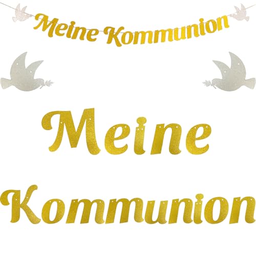 jenich Kommunion Girlande Meine Kommunion Girlande Alles Gute zur Kommunion Banner Girlande Gold Glitzer Deko Taufe Konfirmation Papiergirlande Dekobanner Hängedeko für Taufe Party, HL-2650 von jenich