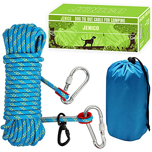 Hunde-Spannkabel für Camping, 15,2 m/21,3 m/30,5 m, tragbares, reflektierendes Überkopf-Trolley-System für Hunde bis zu 136 kg – Hundeleine für Hof, Camping, Parks, Veranstaltungen im Freien, Blau von jenico