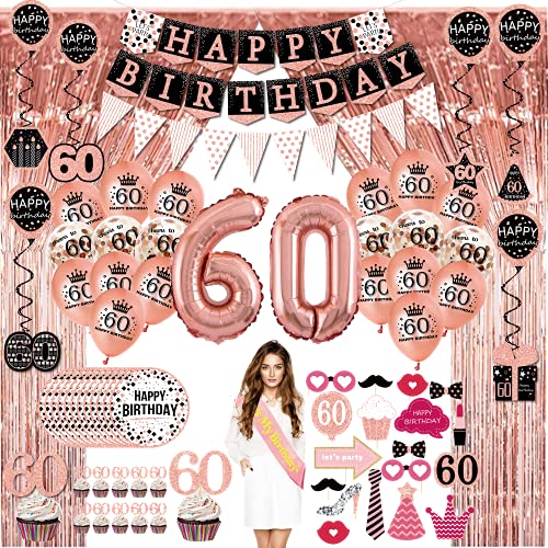 60 geburtstag deko frau geschenk - (76pack) Roségold party Banner, Wimpel, Spiral Girlanden, ballons, Lametta Vorhänge, Cupcake Topper, Pappteller, Foto Requisiten, Geburtstag Schärpe von jenlion