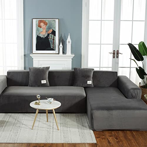 jia cool Sofabezug 4 Sitze + 4 Sitze Sektional Couchhussen 2-teilig, L-förmige Sofabezüge Möbelschutz Stretch Couchbezug Dunkelgrau von jia cool