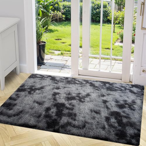 jianandi Teppich Wohnzimmer, Flauschig Weich Teppiche für Schlafzimmer, Hochflor Waschbarer Bettvorleger, Carpet Relax für Living Room und Bedroom, Tie-dye Dunkelgrau, 60 x 90 cm von jianandi