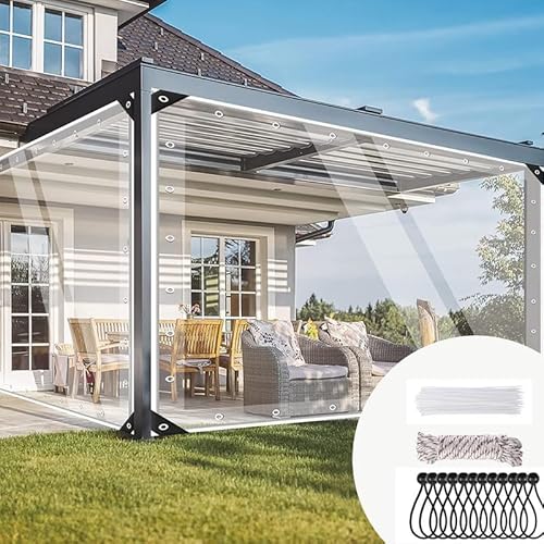Jianyana Plane transparent mit ösen, 420g/m² PVC abdeckplane wasserdicht wetterschutzplane transparent planen nach maß mit 20 Kabelbindern, 12 schwarzen Ballseilen, 10m Befestigungsseil（2×2m） von jianyana