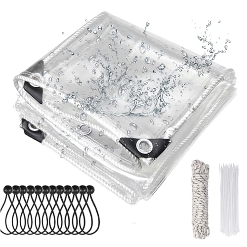 Jianyana Plane transparent mit ösen, 420g/m² PVC abdeckplane wasserdicht wetterschutzplane transparent planen nach maß mit 20 Kabelbindern, 12 schwarzen Ballseilen, 10m Befestigungsseil 1,8 x 2,5 m von jianyana