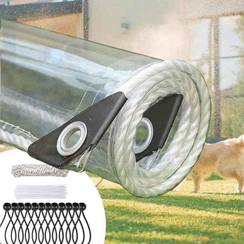 Jianyana Plane transparent mit ösen, 420g/m² PVC abdeckplane wasserdicht wetterschutzplane transparent planen nach maß mit 20 Kabelbindern, 12 schwarzen Ballseilen, 10m Befestigungsseil 4 × 6 m von jianyana