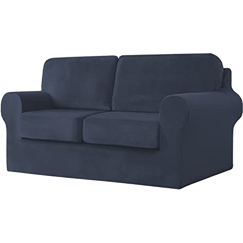 jianyana High Stretch Sofabezug, 1/2/3 sitzerSamt Elastisch Sofa Überwürfe Sofabezug mit Gummizug Einstellband (Dunkelblau,2-Sitzer-5PCS) von jianyana