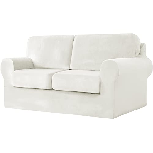jianyana High Stretch Sofabezug, 1/2/3 sitzerSamt Elastisch Sofa Überwürfe Sofabezug mit Gummizug Einstellband (Weiß,2-Sitzer-5PCS) von jianyana