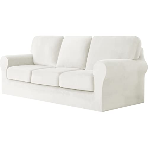 jianyana High Stretch Sofabezug, 1/2/3 sitzerSamt Elastisch Sofa Überwürfe Sofabezug mit Gummizug Einstellband (Weiß,3-Sitzer-7PCS) von jianyana