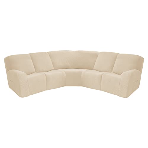 jianyana Jacquard Elastischer Ecksofabezug 5-Sitzer, Sofa überzug Ecksofa L Form, Sofahusse Eckcouch Cover rutschfest, Sofa Überwurf Spannbezug, Universal Sesselbezug Sofa Abdeckung 7 Stück (Beige) von jianyana