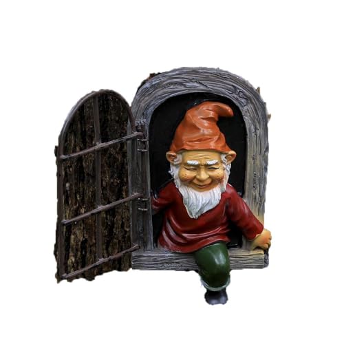 Weißbart Zwerg Harzfigur Fensterkletter-Design Garten Dekoration Indoor Outdoor Ornament Handbemalt Roter Hut Kinderzimmer Wohnzimmer Balkon Geschenk (W24-R) von jiejack