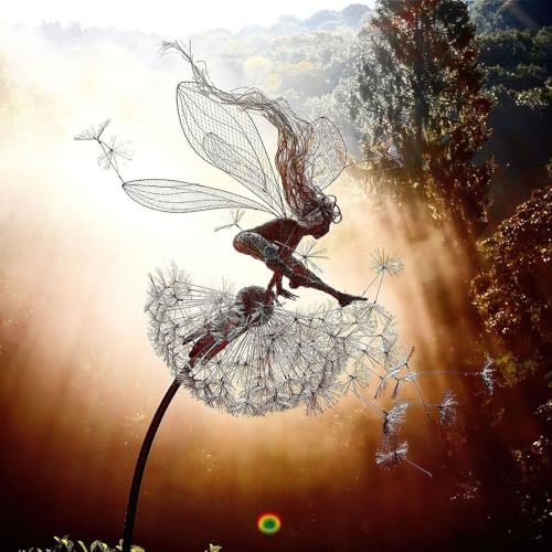 jiejack Feen Und Löwenzahn Tanzt Zusammen Gartenstecker, magische Fee, Draht-Statue, Gartendekoration, Gartendeko Metall, Figur Feen Mythische Feengarten Elfen Figuren Garten (C) von jiejack