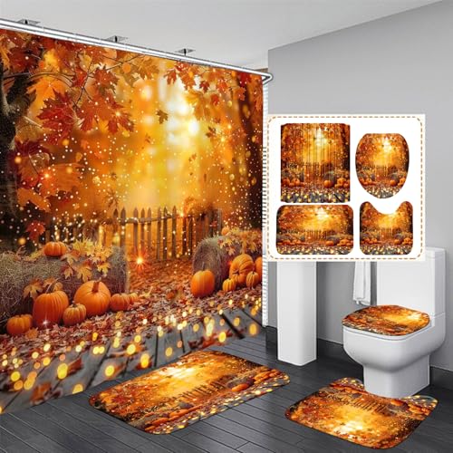 jieprom 4-teiliges Herbst-Duschvorhang-Set mit Teppichen, WC-Deckelbezug und Badematte, Herbst-Duschvorhang mit 12 Haken, Kürbis-Ahornblätter, Duschvorhang für Thanksgiving, Badezimmer-Dekor-Set von jieprom