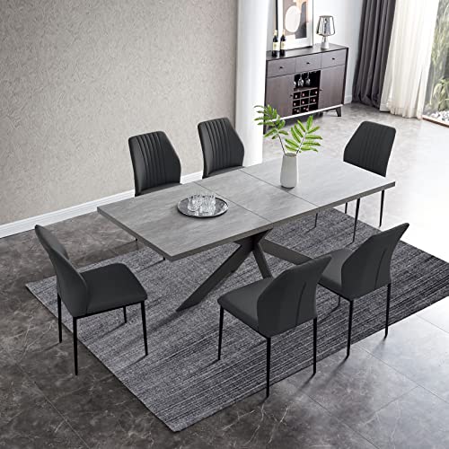 JIEXI Essgruppen Für 4-6 Personen, Esstisch Ausziehbar Mit Stühlen, Moderner Grauer MDF-Holztisch, Geeignet Für Wohnzimmer, Küche (130-170cm Tisch + 6 Schwarze Stühle) von JIEXI