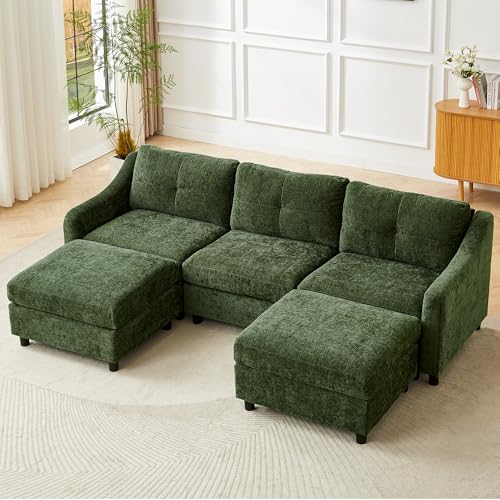 jiexi Ecksofa Mit Schlaffunktion Kordsofa, L Form Couch, Ecksofa Eckcouch, Schlafsofa, 251cm (Dunkelgrün 3 Sitze +2 Hocker) von jiexi