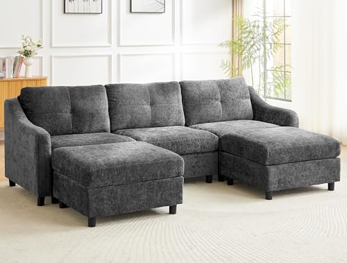 jiexi Ecksofa Mit Schlaffunktion Kordsofa, L Form Couch, Ecksofa Eckcouch, Schlafsofa, 251cm (Grau 3 Sitze +2 Hocker) von jiexi
