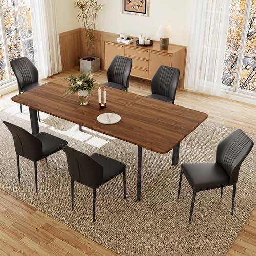 JIEXI Esstisch Mit 4-8 Stühlen Set, Essgruppe Tisch Ausziehbar, Moderner, Stilvoller MDF-Platten Esstisch Für Das Wohnzimmer (160-200cm Walnussfarbener Tisch + 6 Schwarze Stühle) von JIEXI