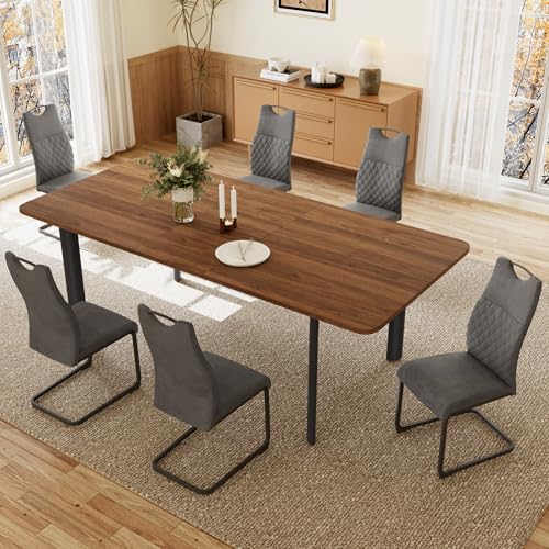 JIEXI Esstisch Mit 4-8 Stühlen Set, Essgruppe Tisch Ausziehbar, Moderner, Stilvoller MDF-Platten Esstisch Für Das Wohnzimmer (160-200cm Walnussfarbener Tisch + 6 grau Stühle) von JIEXI