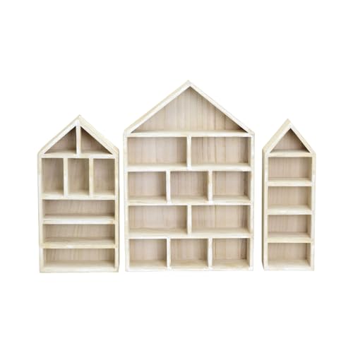 jiingekk 3-teiliges Wandregal-Set aus Holz in Hausform, Vitrinen für Miniatursammlungen, staubdichter Aufbewahrungshalter, Holzmedaillen, Lagerregal jiingekk 3-teiliges Wandregal-Set aus Holz in Hausform, Vitrinen für Miniatursammlungen, staubdichter Aufbewahrungshalter, Holzmedaillen, Lagerregal von jiingekk