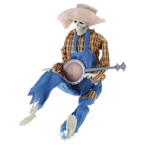 jiingekk Gruseliges Banjo-Skelett-Ornament mit rot-gelbem Karomuster, stabile Materialien für saisonale Heimdekoration, Halloween, Musikliebhaber von jiingekk