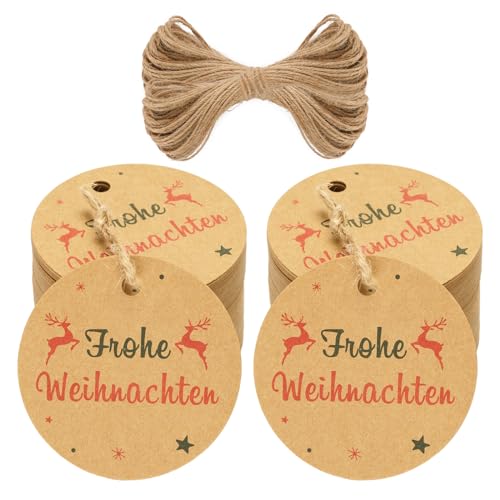 jijAcraft Merry Christmas Geschenkanhänger Rund, Frohe Weihnachten Kraftpapier Etiketten 5,5 cm, 100 Stück Papieranhänger mit Jute Schnur für Weihnachten Dekoration Geschenke Verpackung (Braun) von jijAcraft