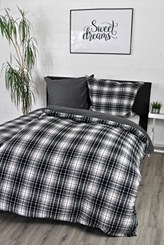 jilda-tex Bettwäsche Biber-Bettwäsche Edel-Flanell-bettwäsche Winterbettwäsche Ökotex-100 100% Baumwolle mit Reißverschluss Verschiedene Designs(Winter Check Black,155 x 220 cm) von jilda-tex