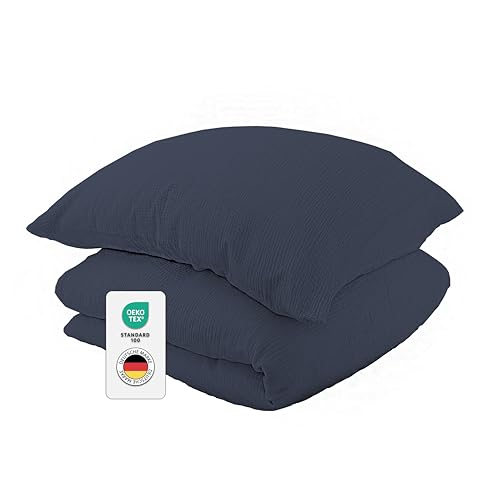 jilda-tex Bio-Bettwäsche Musselin Medina 100% Bio-Baumwolle Knitterlook Bügelfrei Uni Made in Green (Dunkelblau, 240x220 + 2X 80x80 cm) von jilda-tex