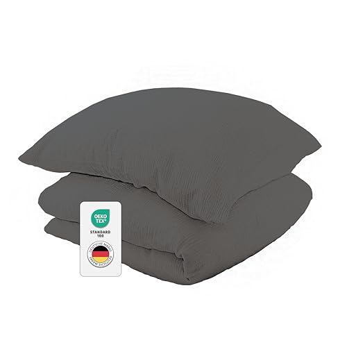 jilda-tex Bio-Bettwäsche Musselin Medina 100% Bio-Baumwolle Knitterlook Bügelfrei Uni Made in Green (Dunkelgrau, 155x220 + 80x80 cm) von jilda-tex
