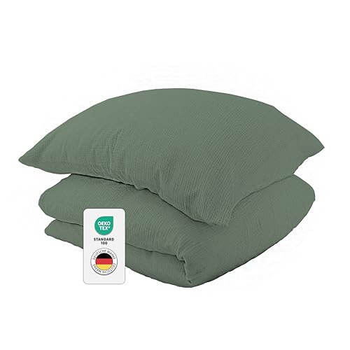 jilda-tex Bio-Bettwäsche Musselin Medina 100% Bio-Baumwolle Knitterlook Bügelfrei Uni Made in Green (Grün, 200x220 + 2X 80x80 cm) von jilda-tex