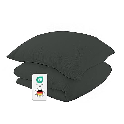 jilda-tex Bio-Bettwäsche Musselin Medina 100% Bio-Baumwolle Knitterlook Bügelfrei Uni Made in Green (Waldgrün, 240x220 + 2X 80x80 cm) von jilda-tex