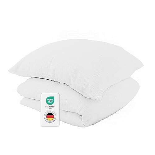 jilda-tex Bio-Bettwäsche Musselin Medina 100% Bio-Baumwolle Knitterlook Bügelfrei Uni Made in Green (Weiß, 200x200 + 2X 80x80 cm) von jilda-tex