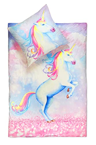 jilda-tex Kuschelbettwäsche Bettwäsche 135x200 cm + 80x80 cm Sparkle Unicorn Einhornbettwäsche von jilda-tex