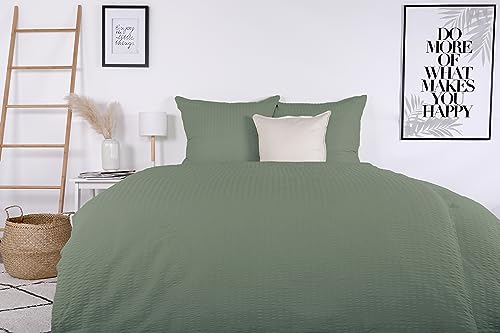 jilda-tex Seersucker Bio-Bettwäsche Uni 100% Baumwolle Valencia Sommerbettwäsche (Salbeigrün, 200x200 + 2x80x80 cm) von jilda-tex