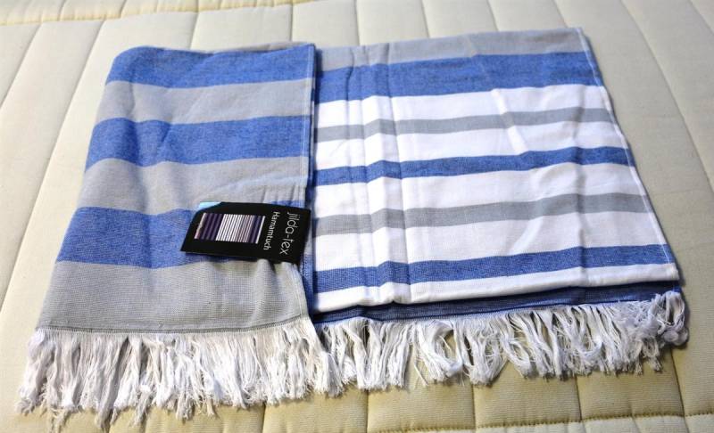 Jilda Hamamtuch Wellnesstuch Strandtuch Saunatuch blau beige Streifen 90x170 cm von DERO Textil-Design GmbH