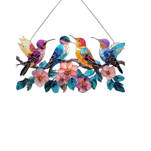jileijar Vogel-Sonnenfänger, Buntglas-Kolibri-Sonnenfänger, 2D-flach, Acryl, künstliche Buntglasscheibe, Fensterdekoration, bunte Vögel auf Ast, Sonnenfänger, Ornamente, Vogelliebhaber-Geschenk von jileijar