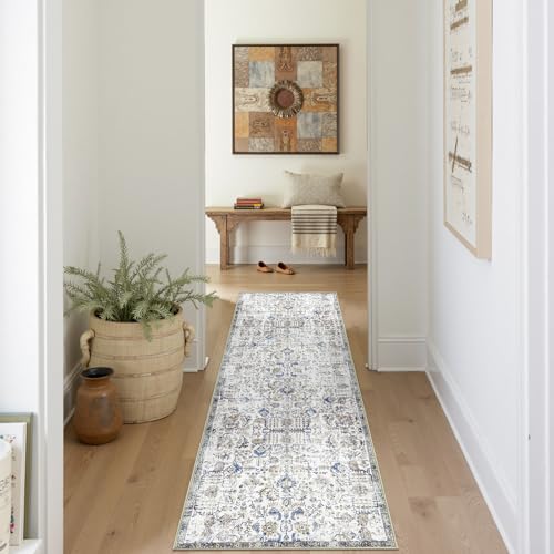jinchan Läufer Teppich 60x210cm Vintage Teppich Flur Innenbereich Flodbar Dünner Teppich Retro Distressed Teppich Blau Multi Blumendruck Land Boho Teppich Anti-Rutsch Fußmatte Bad Küche Schlafzimmer von jinchan